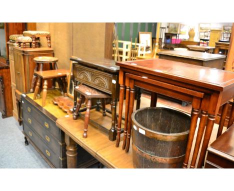 A group of furniture comprising three needlework stools, three wooden stools, a 19th century toilet mirror,a coopered oak pla