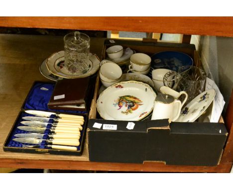 A cases set of six silver coffee bean spoons, other plated flatware, ceramics and glass including Bing and Grondahl, Spode et
