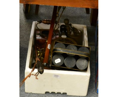 Silver topped malacca cane; Japanned spice containers with tray; ice skates; African sword; gunsight, domestic metalware etc 