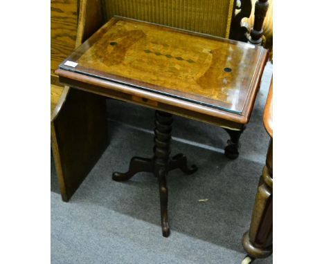 A 19th century marquetry inlaid tripod table with a bold barley twist standard