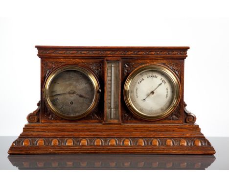 LATE VICTORIAN CARVED OAK CLOCK AND BAROMETER
with silvered dials and central thermometer, 28cm high, 52cm wide