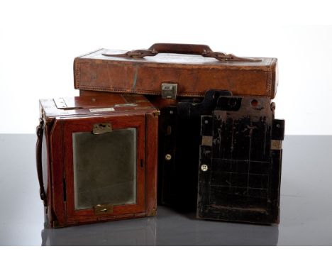 VICTORIAN PLATE CAMERA
maker Sands, Hunter & Co, with brass bound mahogany body, in a tan leather case, the camera 15cm high,
