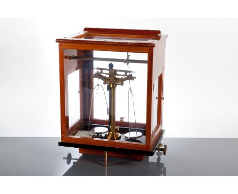 OERTLING MAHOGANY CASED SCIENTIFIC SCALES
model 48 G.C, with ivorine label, 48cm high