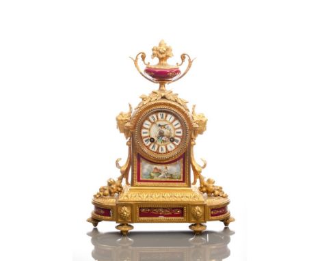 19TH CENTURY FRENCH ORMOLU PORCELAIN MANTEL CLOCK
makers Richard et Cie, with enamel jeweled porcelain panels, the cylinder m