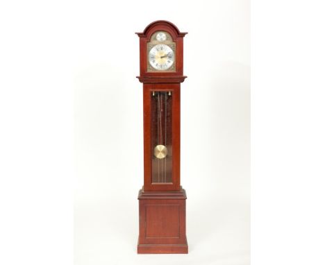 MODERN MAHOGANY LONGCASE CLOCK
makers Rapport, the arched dial with silvered chapter and movement striking on eight gongs, 19