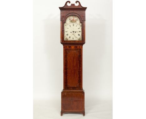 EARLY 19TH CENTURY MARQUETRY INLAID MAHOGANY LONGCASE CLOCK
with 13.5" painted enamel dial, with seconds and date dials, 225c