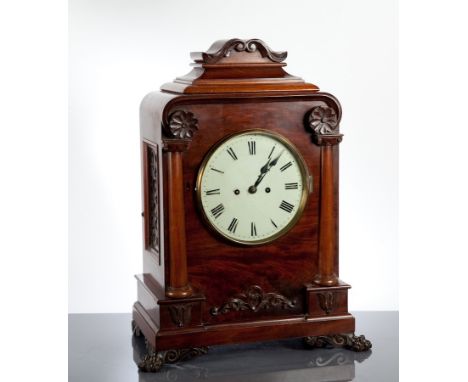 EARLY VICTORIAN MAHOGANY BRACKET CLOCK
possibly Irish, with Roman dial and twin fusee movement striking on a bell, the cased 