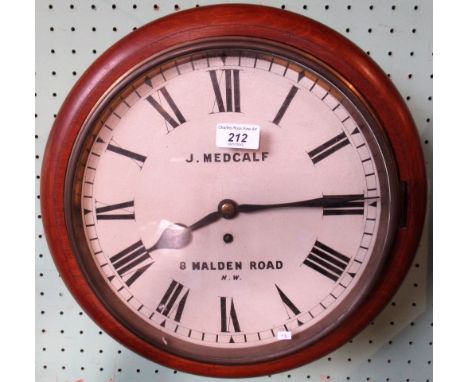 A 19th century mahogany circular wall clock, bearing the name J. Medcalf, 8 Morden Road, NW.