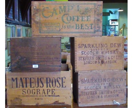 A collection of five advertising crates, to include: Camp Coffee, Sparkling Dew Liqueur Scotch \whisky and Mateus Rose.