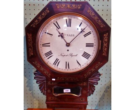 A 19th century rosewood and brass inlaid drop dial wall clock, bearing the name McNair, Newport Pagnell.