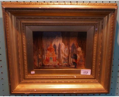 A 19th century gilt framed oil on panel, interior scene of Santa Chiara Church, Naples, in the manner of David Roberts, inscr