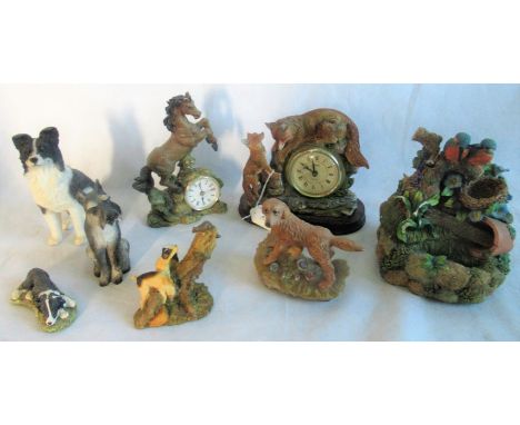 A collection of Country Craft-style sculptures, to include: mantle clock surmounted by fox and her cub, kingfishers on a rock