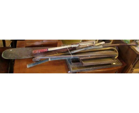 A quantity of miscellaneous sporting equipment, to include: paddle, tennis racquet, walking stick and a cricket back.