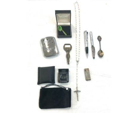 Selection of collectable items includes ronson pen lighter, Bottle opener, silver spoon etc 