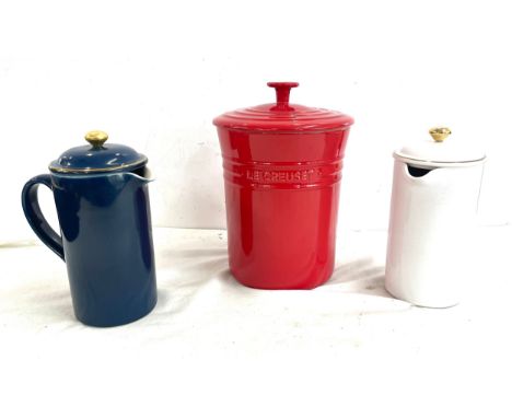 Le creuset lidded pot and 2 ceramic tea pots 