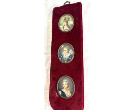 Three reproduction copies of hand painted miniatures on a sash 