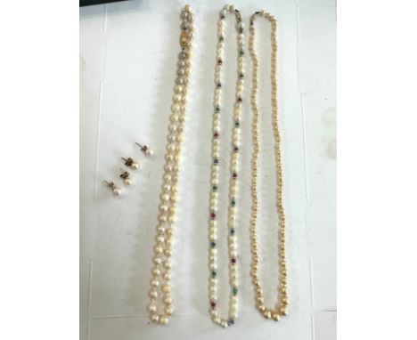 9ct gold cultured pearl necklace set with rubies, emeralds, sapphires and others 