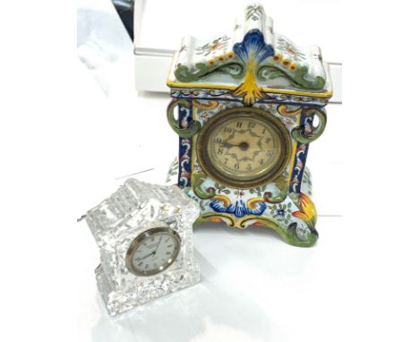 Painted pottery mantle clock marks to base and a Edinburgh Crystal clock 