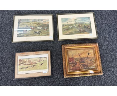 Three framed hunting scene prints to include ' Wale of Aylesbury steeple chase', plate 2 and 3 and ' The Quorn' and a gilt fr