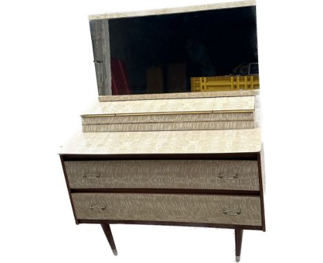 Vintage 60's melamine dressing table and mirror measures approx 28 inches tall by 40 inches wide 