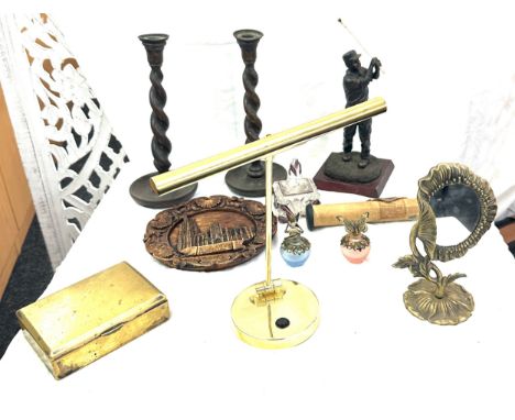 Selection of vintage collectable items to include wooden barley twist candle sticks, novelty perfume bottles, brass table lam