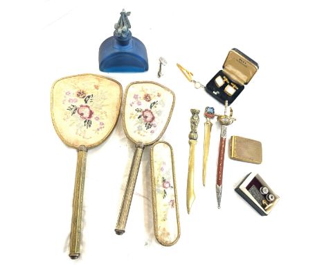 Selection of vintage collectables to include Regency of London brush and mirror, letter openers, tie pins, cufflinks etc 