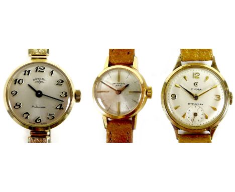 A group of three lady's wristwatches, comprising a 9ct gold Cyma Cymaflex with silvered dial, gold Roman numerals, subsidiary
