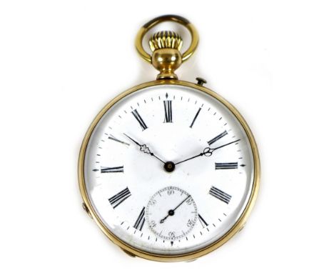 An early 20th century Continental 14ct gold pocket watch, open faced, keyless wind, the white enamel dial with black Roman nu