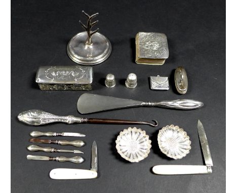 A collection of Victorian and later silver vertu, including a miniature manicure set with silver handles, Addie and Lovekin L