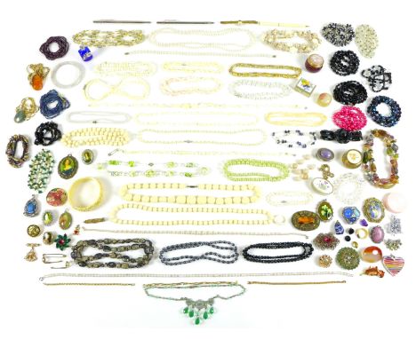 A collection of costume jewellery, including cultured and faux pearl necklaces, hard stone necklaces, beads, brooches, filigr