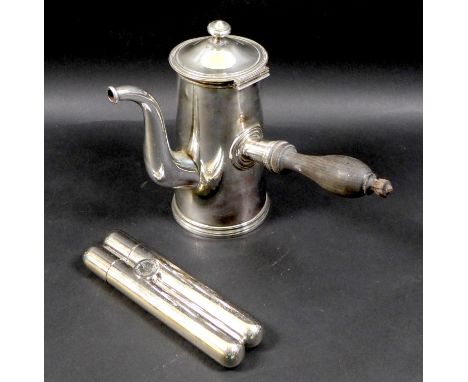 A silver plated Christofle chocolate pot, reeded rim to lid and foot, turned ebonised handle, base marked '26, Chrisofle', 16