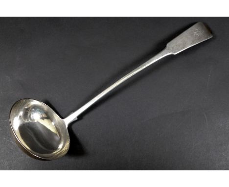 A Scottish George III silver ladle, fiddle pattern, terminal engraved with initials 'LC', maker rubbed but probably 'T.S', Gl