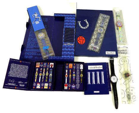 A collection of Swatch watches and badges, comprising Swatch 'Lucky 7' Club Watch 98, in original box, Swatch 'Musicall', 199