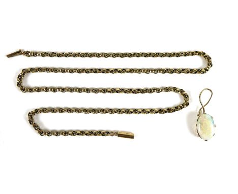 A 9ct gold box link chain, together with an opal set pendant, chain 50cm, 8.7g, the oval opal 14.27 by 9.4mm, set in unmarked