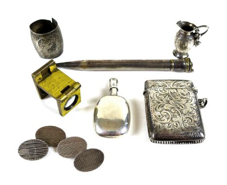 A group of Victorian and later silver, plated, and white metal collectables, comprising a vesta case, 4.6cm high, a Wahl Ever