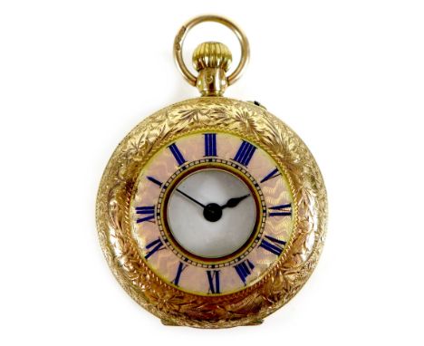 An Edwardian 12.5ct gold half hunter lady's pocket watch, circa 1900, keyless wind, the pale pink enamel chapter ring with bl