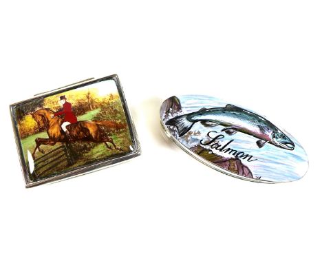 Two contemporary silver pill boxes with decorative lids, comprising an oval box with hand painted enamel lid depicting a leap