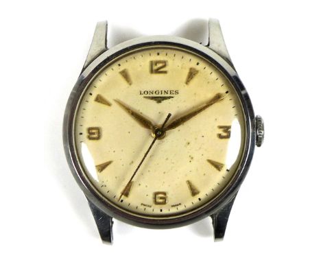 A Longines stainless steel gentleman's wristwatch, ref. 4585, circa 1950s, circular champagne dial with gold cardinal Roman n