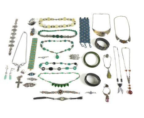 A group of vintage costume jewellery, including a silver and paste Art Deco metamorphic brooch, an Indian silver bracelet, a 