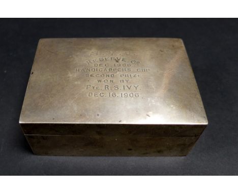 An early 20th century Chinese silver cigarette box, with British army inscription to its lid 'S.V.C. Reserve Co. Dec. 1906 Ha