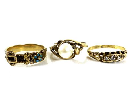 A group of three gold rings, comprising an 18ct gold and turquoise forget-me-not ring with buckle detail, unmarked but tests 