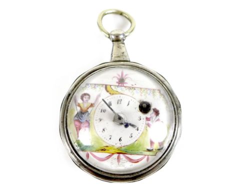 An early 19th century Continental white metal verge fusee pocket watch, open faced, key wind, white enamel dial, with chapter