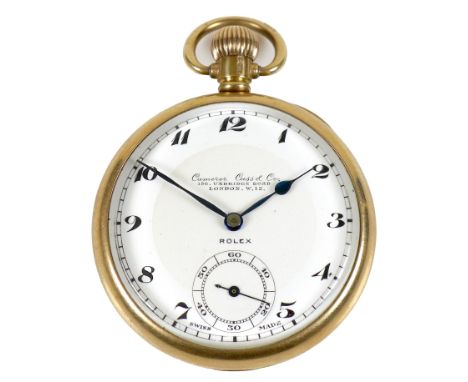 CATALOGUE AMENDMENT TO CONDITION: An Art Deco Rolex 9ct gold cased pocket watch, open faced, keyless wind, the white enamel d