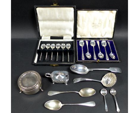 A selection of Victorian and later silver spoons, including a set of six coffee spoons, James Dixons and Sons, Sheffield 1943