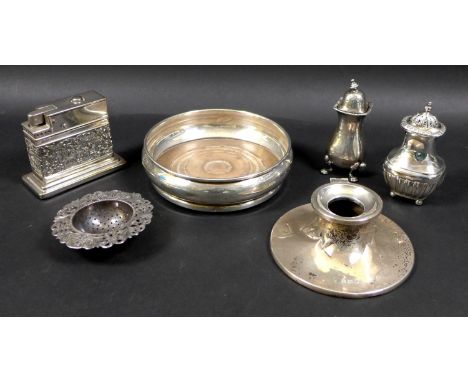 A collection of Victorian and later silver, including a silver pepperette, lobed baluster body  with ball feet, James Deakin 