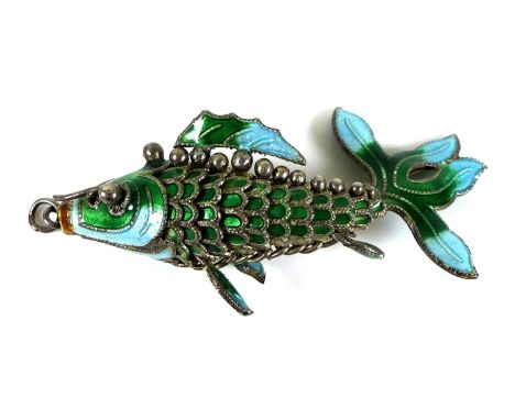 An enamel pendant, mid 20th century, in the form of an articulated fighting fish, finely enamelled in turquoise and green wit