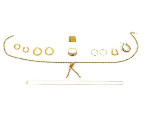 A group of 9ct gold jewellery, comprising a garnet style and cubic zirconia ring, a/f missing one stone, 2.2g, two pairs of e