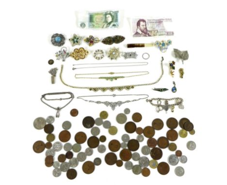 A group of silver, costume jewellery and 20th century coinage and notes, including a silver charm bracelet, silver, enamel an