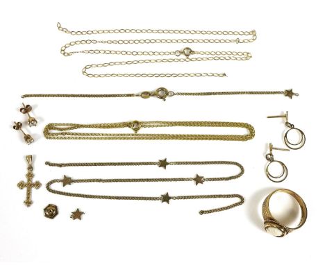 A collection of 9ct gold jewellery, comprising a pair of earrings with drop circlets, a ring set with a cameo, a small cross,