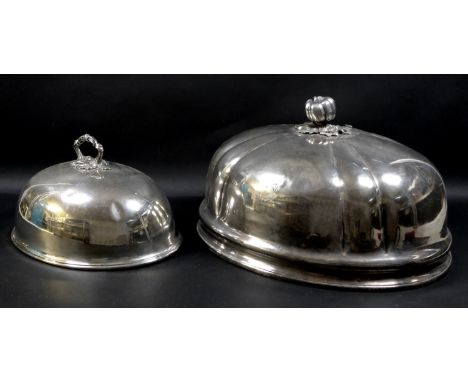 A Regency Sheffield plate cloche, of oval lobed form with large cast finial, armorial engraved, 50.5 by 39.5 by 28cm high, to